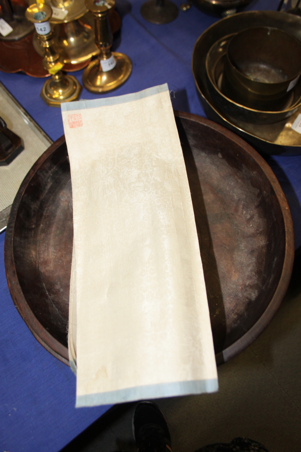 A Chinese scroll with silver speckled design, in hardwood box, and a two-compartment olive wood - Image 14 of 16