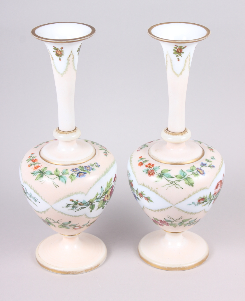 A pair of 19th century opaline glass vases with floral decoration - Image 4 of 7