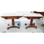 A pair of 19th century rosewood fold over top tables, on plain central stems and shaped platform