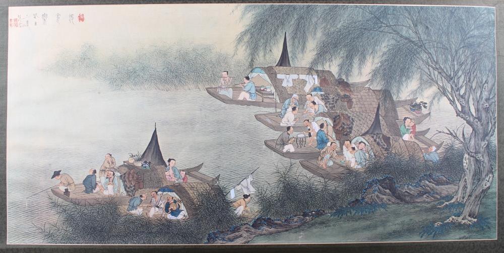 A Chinese print, figures in boats on a river, 13 1/2" x 28 1/4", in gilt frame