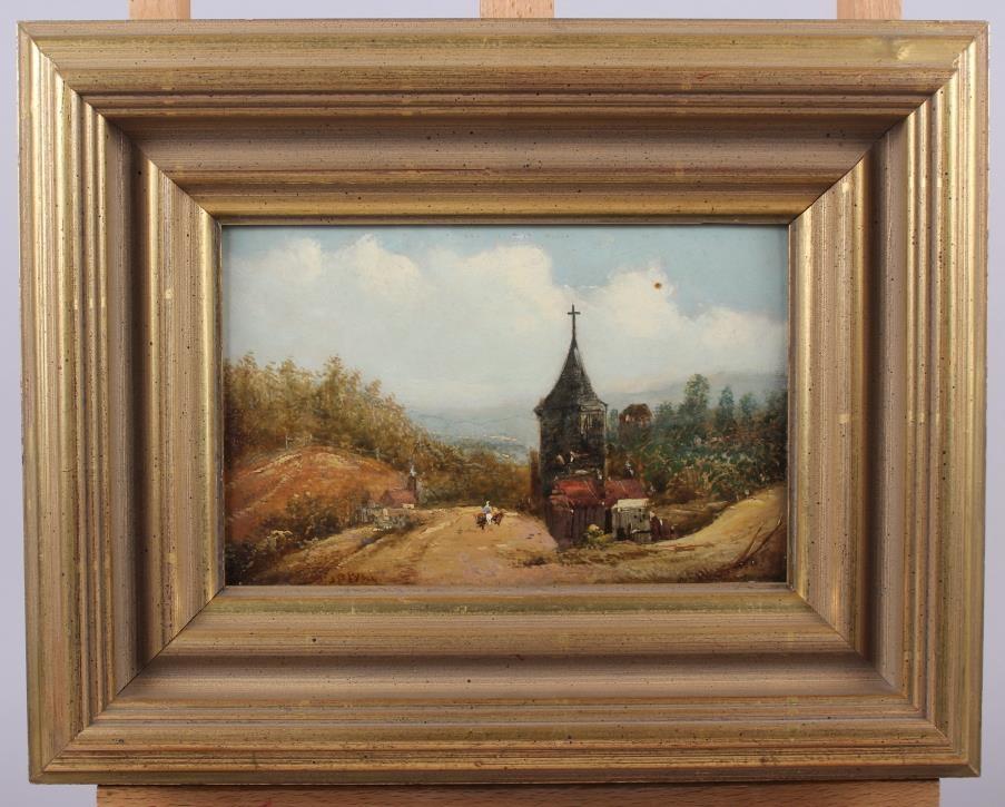 J B Pyne: oil on board, Continental scene with church and road, 5" x 8", in gilt frame - Image 2 of 5