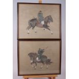 A pair of Chinese watercolours, figures on horseback, 11 3/4" high x 14 1/2" wide, in strip frame
