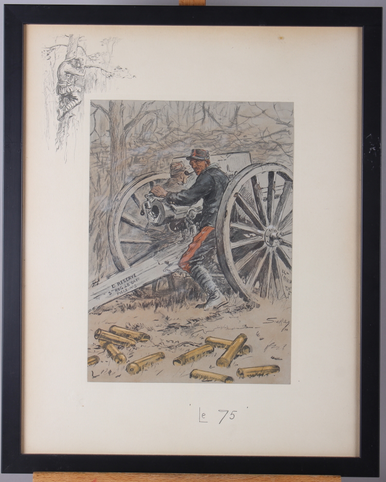 Snaffles: three WWI colour prints, "Le 75" with blind stamp, "The Gunner" with blind stamp and " - Image 4 of 4