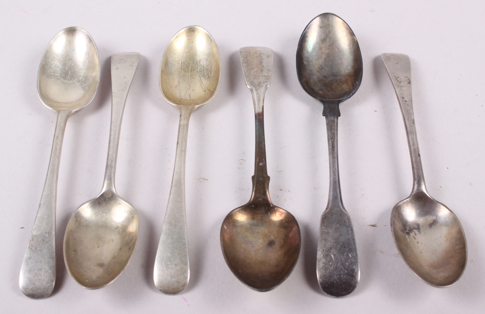 Six silver teaspoons, various, 4.4oz troy approx