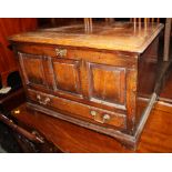 A 17th century design oak cabinet with hinged door, decorated panels, and dummy drawer, 26" wide,
