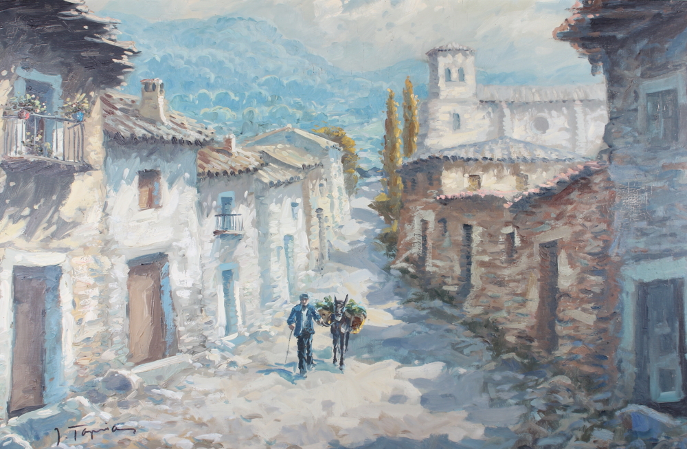 An oil on canvas, Continental town scene, 21" x 34 1/2", and another similar