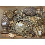 Assorted door handles, curtain tie-backs, pineapple finials, etc