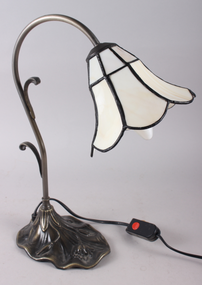 A Tiffany design table lamp with cream coloured glass panels, on metal base, decorated relief flower - Image 2 of 2