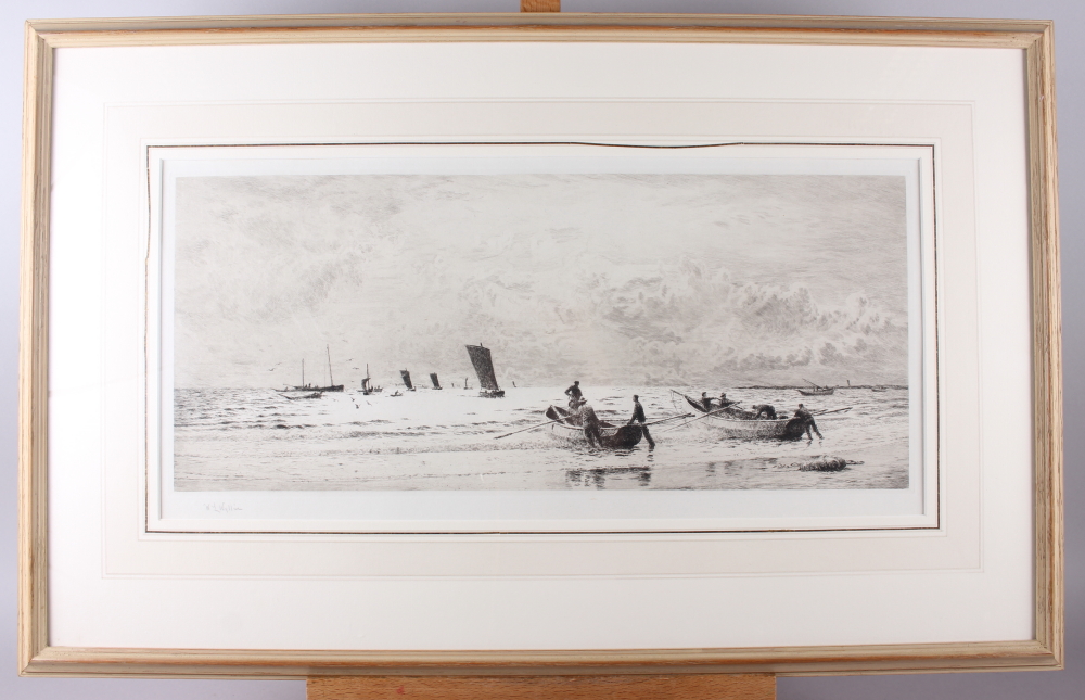 William Lionel Wylie: an etching, coastal scene with fishing boats and figures, 8 1/2" x 19 3/4", in - Image 2 of 4