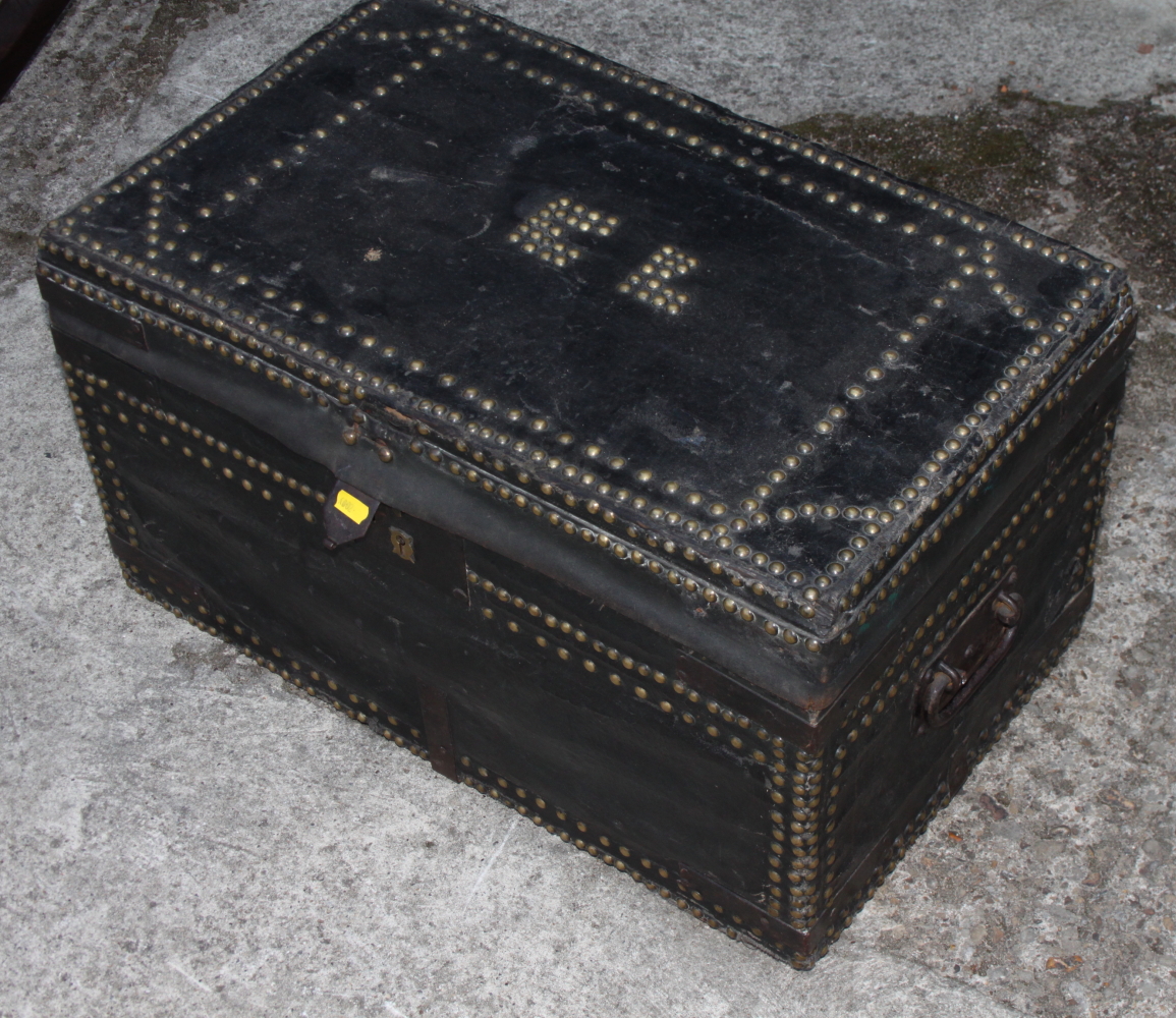 A Victorian black nailed leather trunk, lid decorated initials "CL", 24" wide x 14" deep x 13 1/2" - Image 2 of 3
