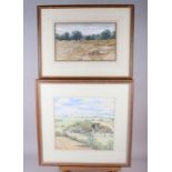 D T: watercolours, hillside view with cottages, 10 1/2" x 11", in strip frame, and another,