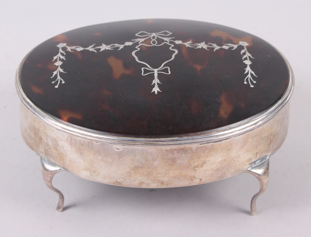 A silver and tortoiseshell pique decorated jewellery box, 6" wide