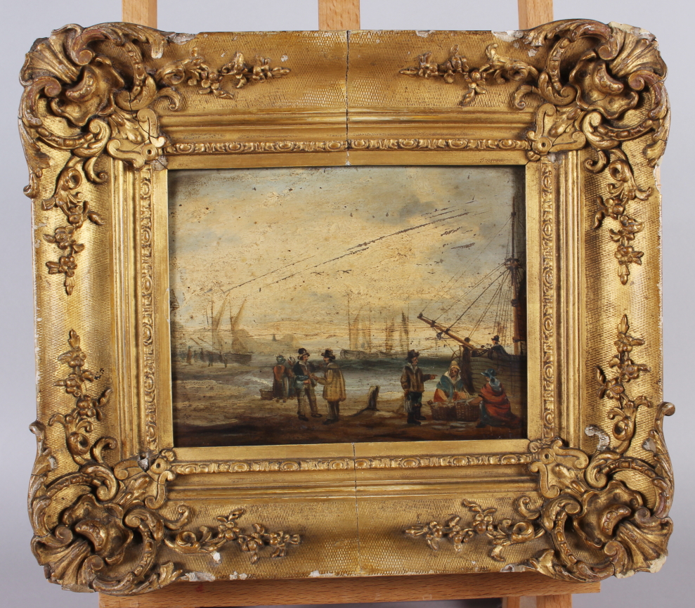 An early 19th century oil on panel, fishing folk on a beach, 7" x 9", in ornate swept gilt frame - Image 2 of 2