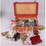 A collection of vintage brooches, a pair of spectacles, in case, two compacts and a collection of