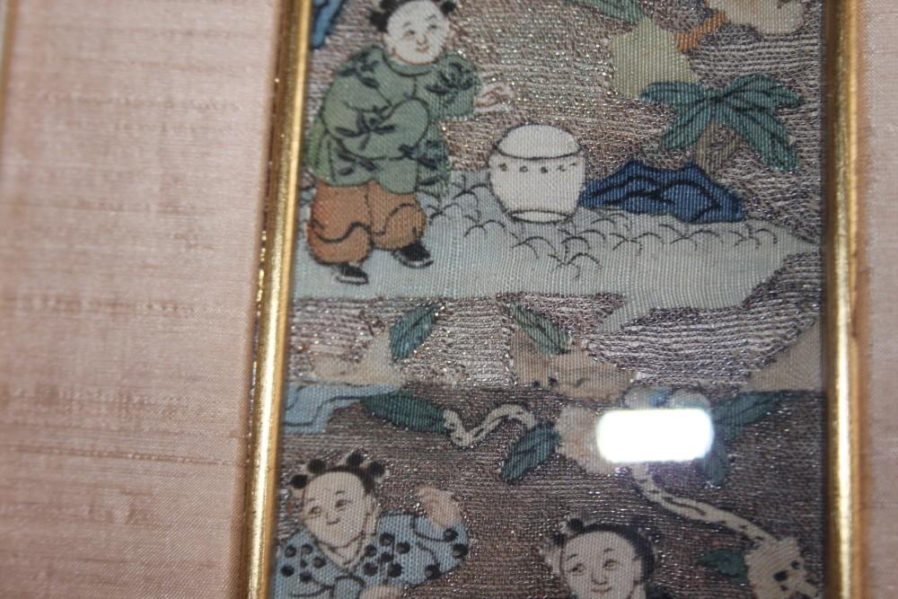 A pair of Chinese embroidered panels decorated figures, 11 1/2" high x 3" wide, in gilt frames - Image 7 of 10