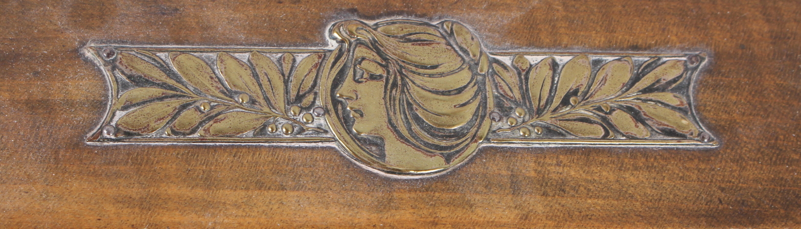 An Art Nouveau stained wood writing slope with decorative strap hinges, 12" wide, and a small aide - Image 4 of 7