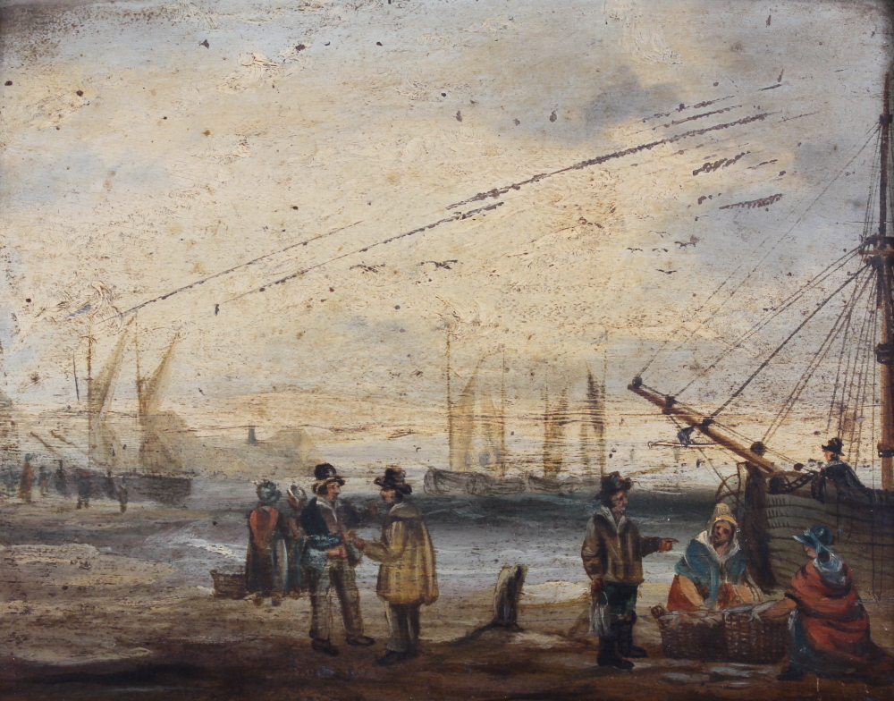 An early 19th century oil on panel, fishing folk on a beach, 7" x 9", in ornate swept gilt frame