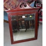 A mahogany framed wall mirror with swan neck pediment, plate 17" x 15", an oak framed wall mirror