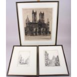An etching of Lincoln Cathedral, in Hogarth frame, and two similar etchings