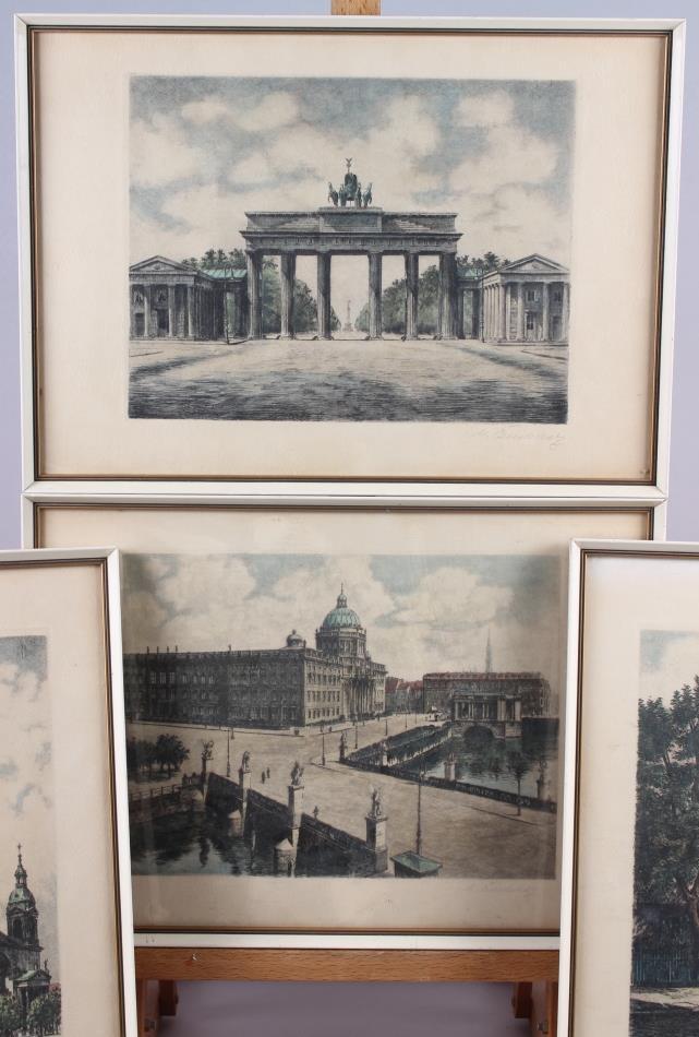 Four Continental colour prints of buildings, indistinctly signed, in white and gilt frames, and - Image 2 of 4