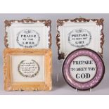 Three 19th century picture frame plaques with religious quotes and one similar circular frame