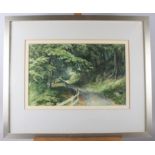 Jan Fisher: watercolours, woodland country lane, 9" x 14", and eight other framed prints and other