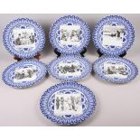 Seven Royal Doulton blue and white decorated "Gibson Girls" cabinet plates, 10 1/2" dia