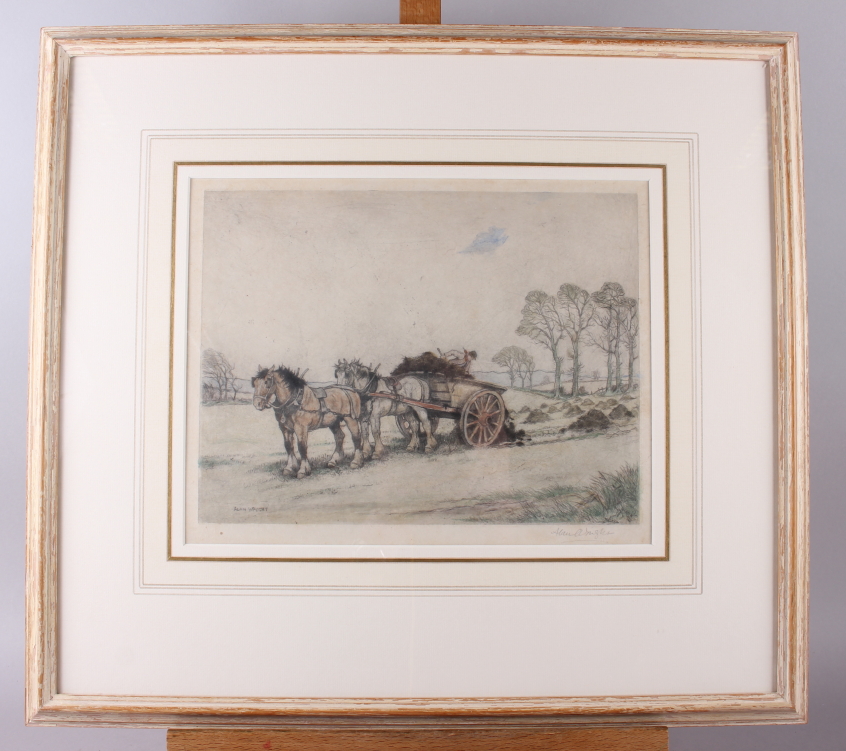 Alan Wright: a hand-coloured etching, work horses and farmer in field, 9" x 11", in painted strip - Image 2 of 4