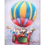 Joyce Roybal: oil on canvas, musical band in hot air balloon, 9 1/2" x 7 1/2"