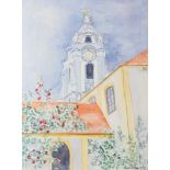 Susan E Moore: watercolours, "Durnstein Abbey on the Danube", 12" x 9", in strip frame, a print of