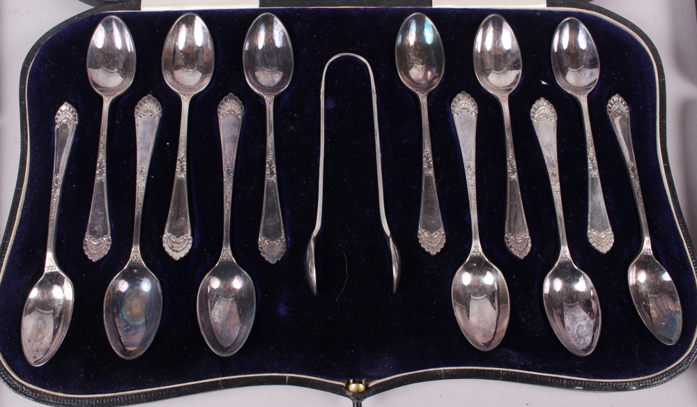 A cased set of six silver apostle teaspoons with matching tongs and two other silver plated sets - Image 3 of 4