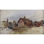 Attr Fred Walker, '70: oil on board, cottages in Maidenhead, 8 1/2" x 15 1/4", in gilt frame