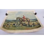 A 19th century coloured hunting print, a modern hunting print, in maple frame, an unframed