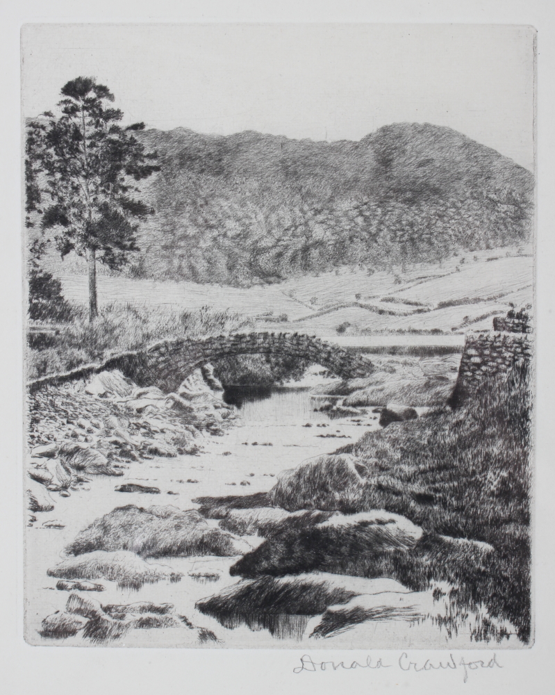 Donald Crawford: dry point etching, "Watendlath", with stone bridge