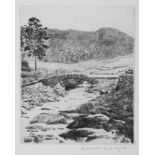 Donald Crawford: dry point etching, "Watendlath", with stone bridge