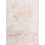 Charles Silenn Lidderdale: pencil sketch, cobbler at workshop in Streatley, 6 1/4" x 4 3/4", in gilt