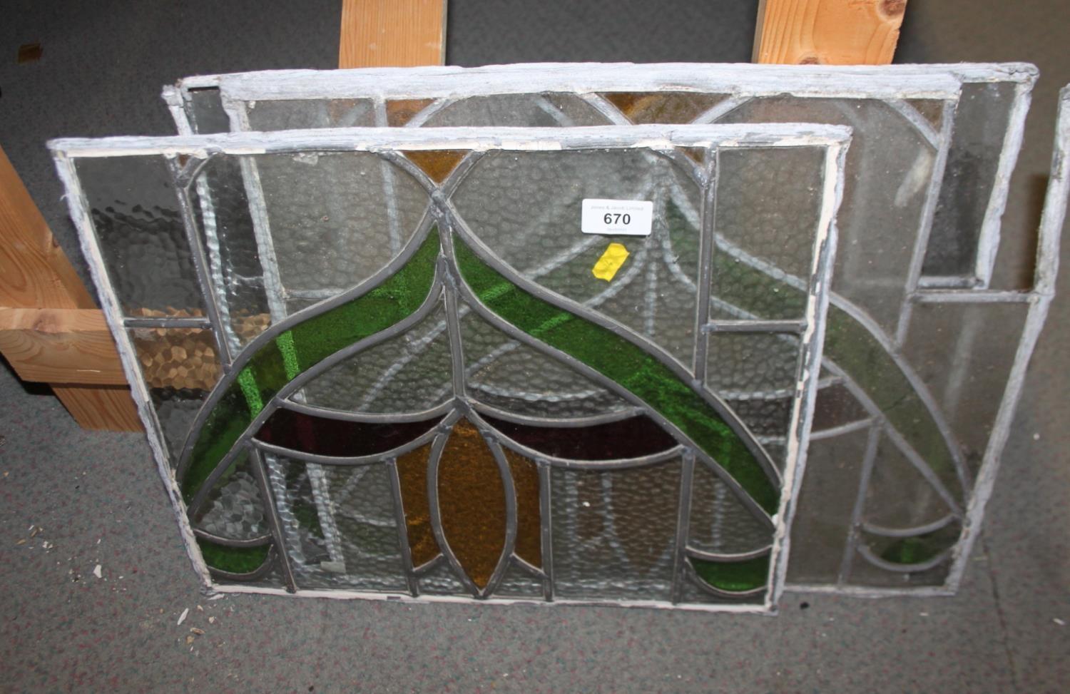 Three matching lead lined stained glass panels, 15" x 17" (damages), two similar panels and a hinged - Image 11 of 12