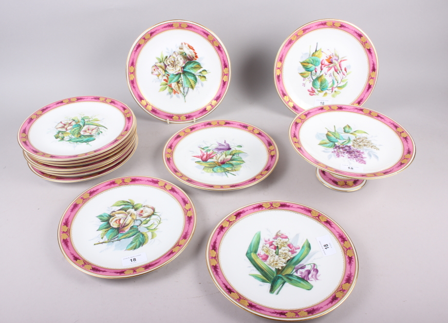 A Continental porcelain dessert service with hand-painted floral decoration and pink and gilt