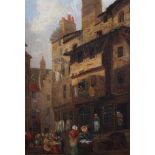 A 19th century oil on panel, Continental scene with fishmarket, 10 1/2" x 7 1/4", in wooden strip