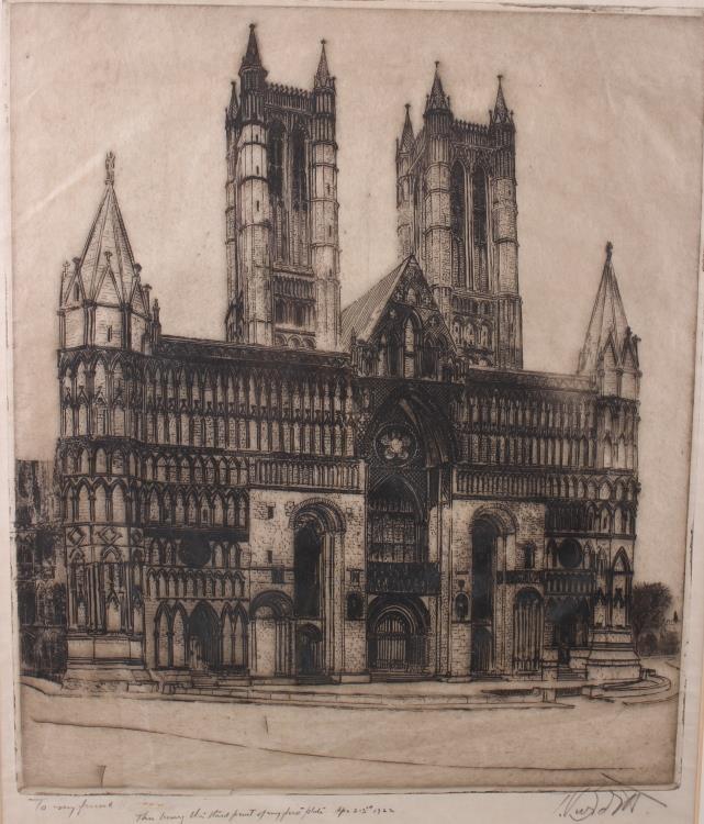 An etching of Lincoln Cathedral, in Hogarth frame, and two similar etchings - Image 2 of 4