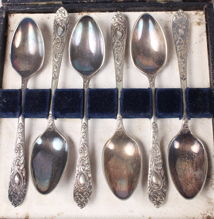 A cased set of six silver apostle teaspoons with matching tongs and two other silver plated sets - Image 2 of 4