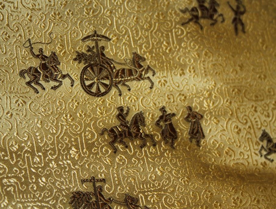 A Chinese silk panel with horse and carriage design in shades of gold and khaki, 214" x 30", a - Image 4 of 23