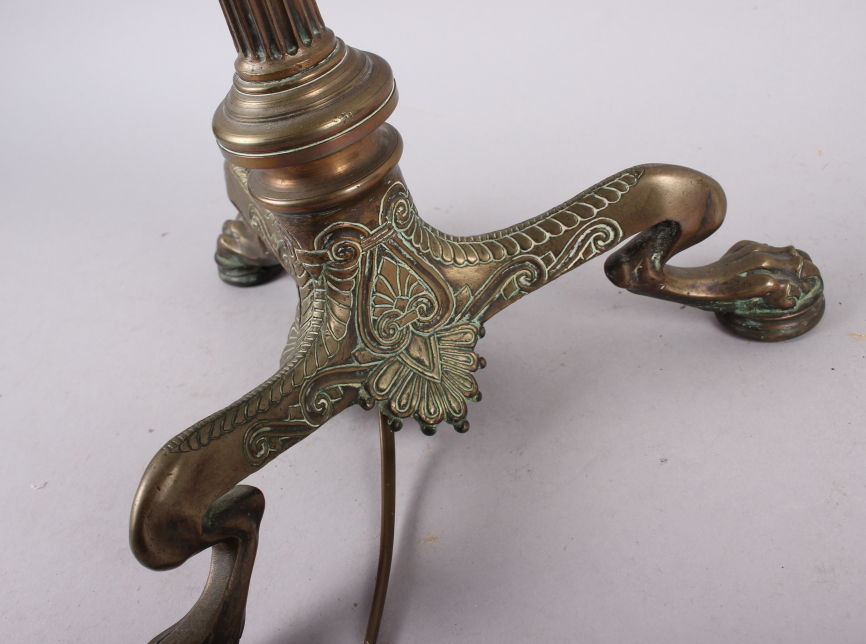 A brass table lamp with reeded column, on three claw feet, 19" high - Image 2 of 2