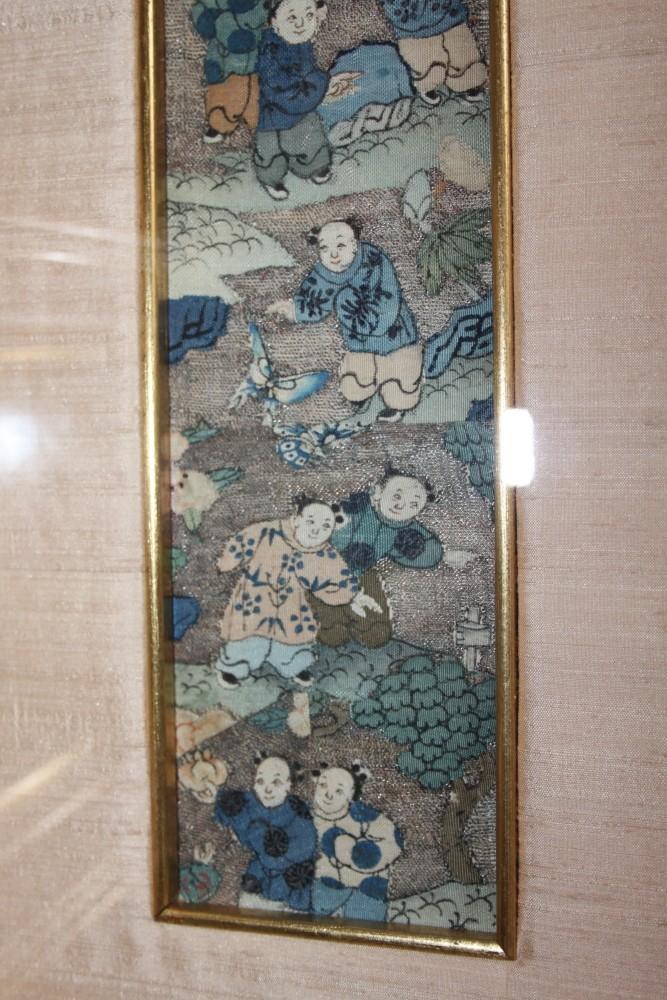A pair of Chinese embroidered panels decorated figures, 11 1/2" high x 3" wide, in gilt frames - Image 6 of 10