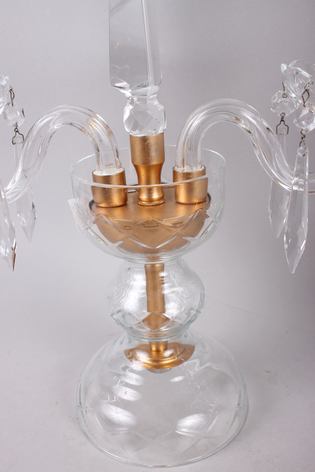A pair of two-branch glass candlesticks, hung drops with central spire finial, 15" high - Image 3 of 3