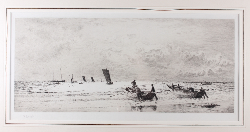 William Lionel Wylie: an etching, coastal scene with fishing boats and figures, 8 1/2" x 19 3/4", in