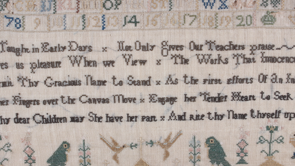 A Victorian sampler, by Sarah Hunt aged 6 1856, with worked alphabet and number border, 12" x 12", - Image 6 of 9