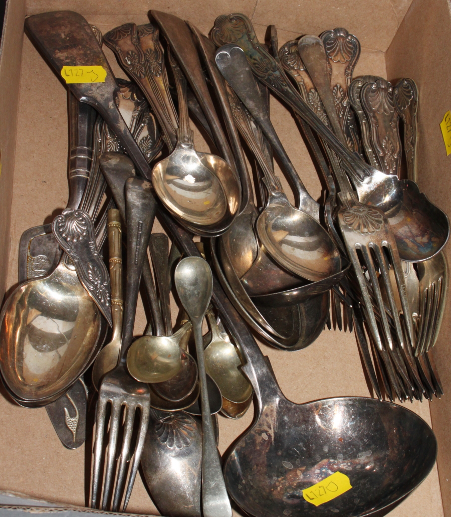 A selection of silver plated Kings pattern flatware, a plated soup ladle and other plated flatware