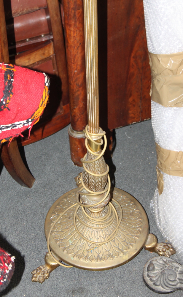 A brass standard lamp with reeded column and three paw feet, 52" high - Image 3 of 3