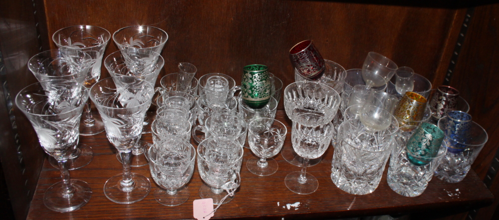 A set of six Royal Brierley wine glasses, decorated fuchsia flower, a set of eleven glass punch